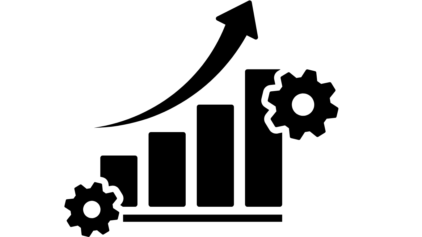 a black and white image of a increasing bar chart with gears