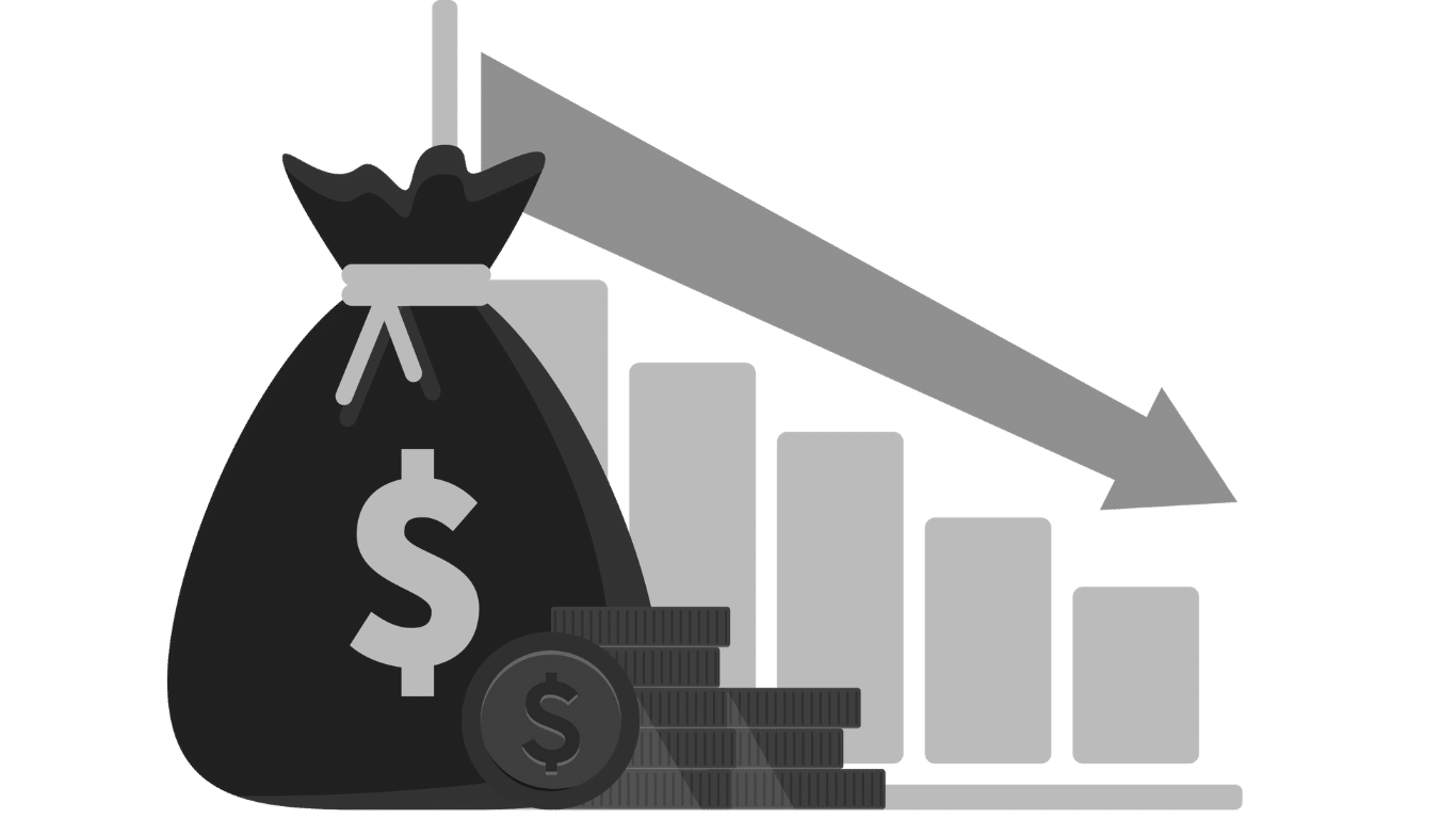 a black and white illustration of a money bag with a dollar sign infront of a decreasing bar chart